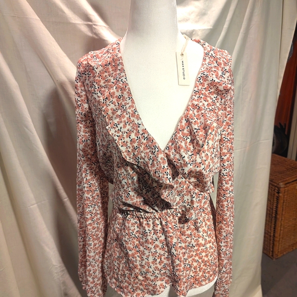 Max Studio Pink Long Sleeve Ruffled Wrap Blouse